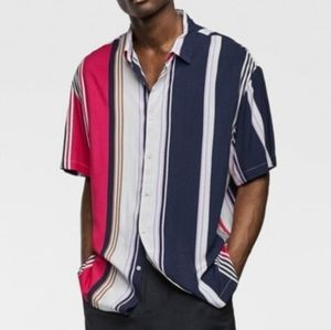 ZARA Navy/White/Magenta Vertical Stripe Short Sleeve Casual Shirt Mens SZ M